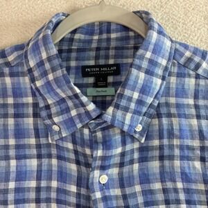 Peter Millar Crown Crafted Linen Button Shirt Men L Blue Plaid Flex Finish Prep